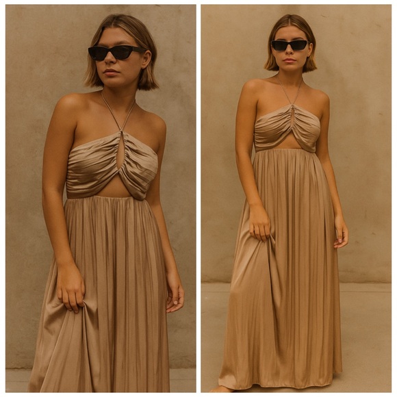 Zara Dresses & Skirts - ZARA Gold Satin Cutout Maxi Dress XS | Wrinkle Effect Formal Evening Gown NWT